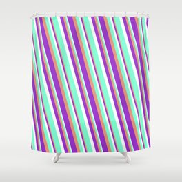 [ Thumbnail: Dark Salmon, Dark Orchid, White, and Aquamarine Colored Striped Pattern Shower Curtain ]