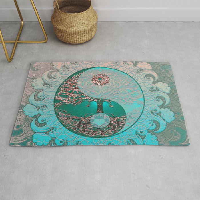 Pretty Chic Teal Tree of Life with Yin Yang and Heart Rug