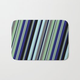 [ Thumbnail: Powder Blue, Dim Gray, Dark Sea Green, Midnight Blue, and Black Colored Lines/Stripes Pattern Bath Mat ]