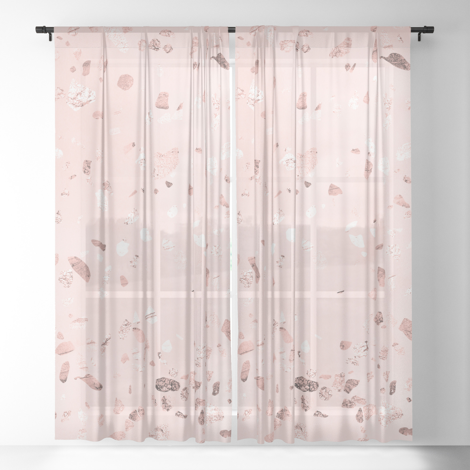 Rose Gold Terrazzo Marble On Blush Pink Sheer Curtain By