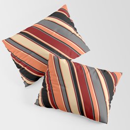 [ Thumbnail: Eye-catching Dim Grey, Dark Red, Tan, Coral, and Black Colored Striped Pattern Pillow Sham ]