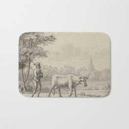 Pieter de Goeje - Landschap met twee koeien en een schaap Bath Mat | Oldmasters, Frame, Artprint, Decor, Ink, Chalk, Illustration, Vintage, Old, Paper 