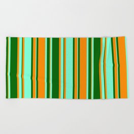 [ Thumbnail: Dark Orange, Dark Green, and Aquamarine Colored Stripes Pattern Beach Towel ]