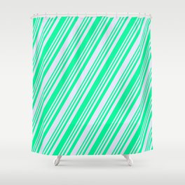 [ Thumbnail: Green & Lavender Colored Striped Pattern Shower Curtain ]