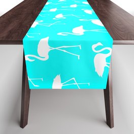 White flamingo silhouettes seamless pattern on aqua blue background Table Runner