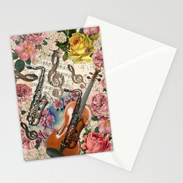 Vintage pink bohemian roses classical notes musical instruments Stationery Card