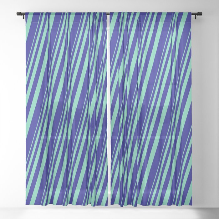Aquamarine and Blue Colored Stripes/Lines Pattern Sheer Curtain