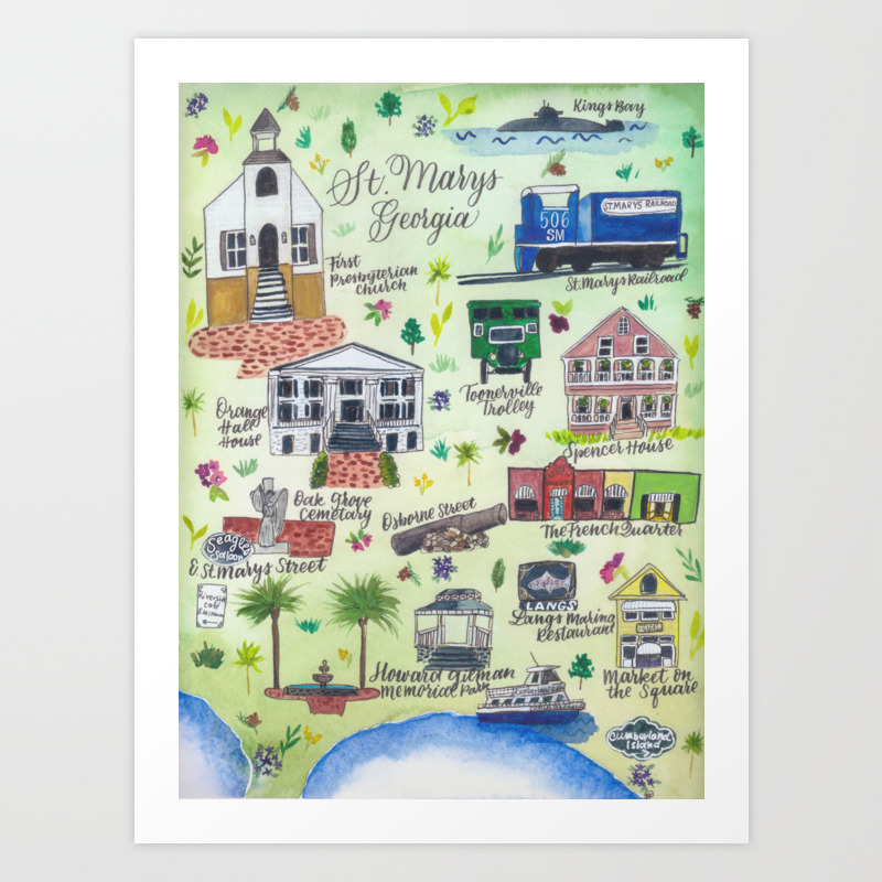 St Marys Georgia Map Downtown St. Marys, Ga" Watercolor Map Art Print By Becky | Society6