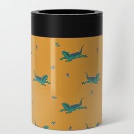 Green lizzard and moth pattern with mustard background Can Cooler