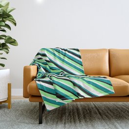 [ Thumbnail: Green, White, Dark Cyan & Black Colored Striped/Lined Pattern Throw Blanket ]