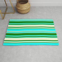 [ Thumbnail: Light Yellow, Green, and Aqua Colored Lined Pattern Rug ]