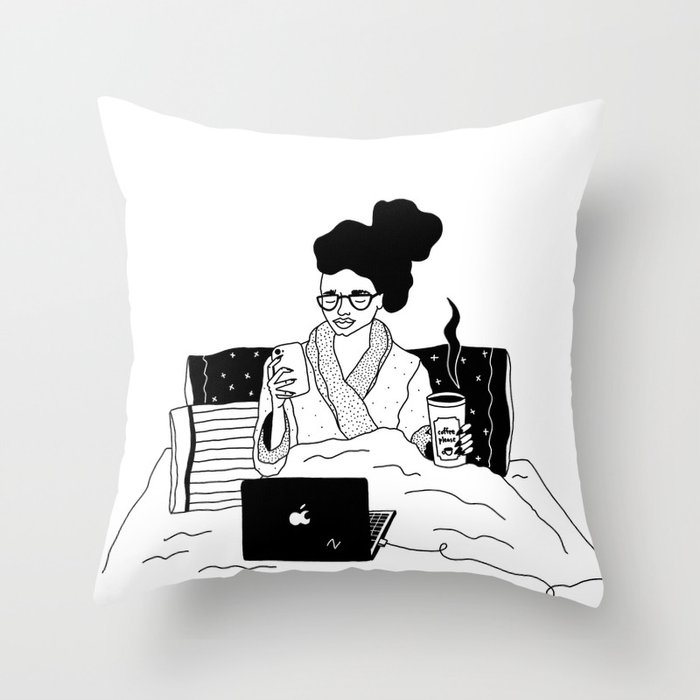 girl working from bed Throw Pillow