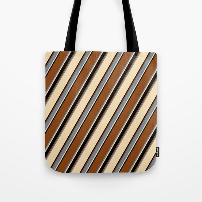 Brown, Light Slate Gray, Tan, and Black Colored Lined/Striped Pattern Tote Bag