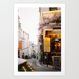 Dreamy Street in Montmartre, Paris with Parisian Cafe Art Print
