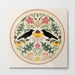 Crows, Wild Roses, Thistles And Sunflowers Metal Print | Primitive, Wildrose, Fall, Bird, Trees, Sunflower, Mandala, Wildflowers, Season, Autumn 