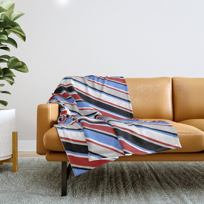 Eyecatching Cornflower Blue, White, Red, Light Gray & Black Colored Lined/Striped Pattern Throw Blanket