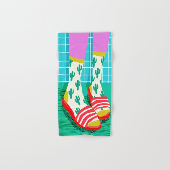 Sliders - memphis throwback retro neon 1980s 80s style pop art shoe fashion grid pattern socks Hand & Bath Towel