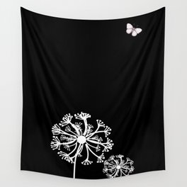 Two White Dandelions Butterfly on Black Background Wall Tapestry