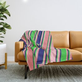 [ Thumbnail: Lime Green, Light Pink, Light Coral & Midnight Blue Colored Lines/Stripes Pattern Throw Blanket ]