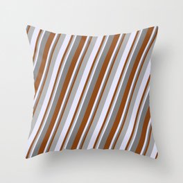 [ Thumbnail: Brown, Dark Gray, Lavender & Grey Colored Stripes Pattern Throw Pillow ]
