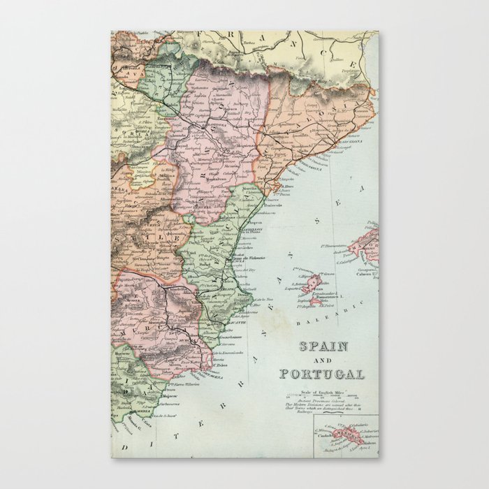 Vintage Map of Spain and Portugal Canvas Print