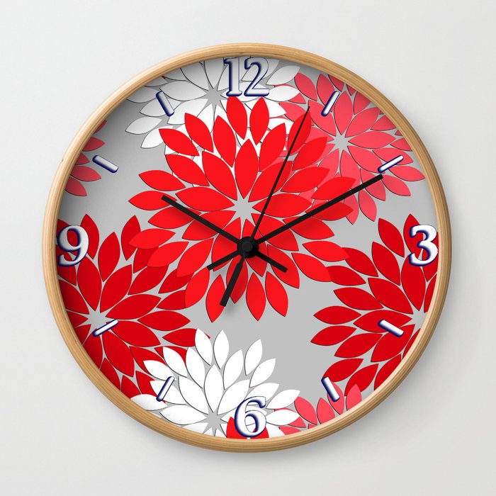 Modern Floral Kimono Print, Coral Red and Gray Wall Clock