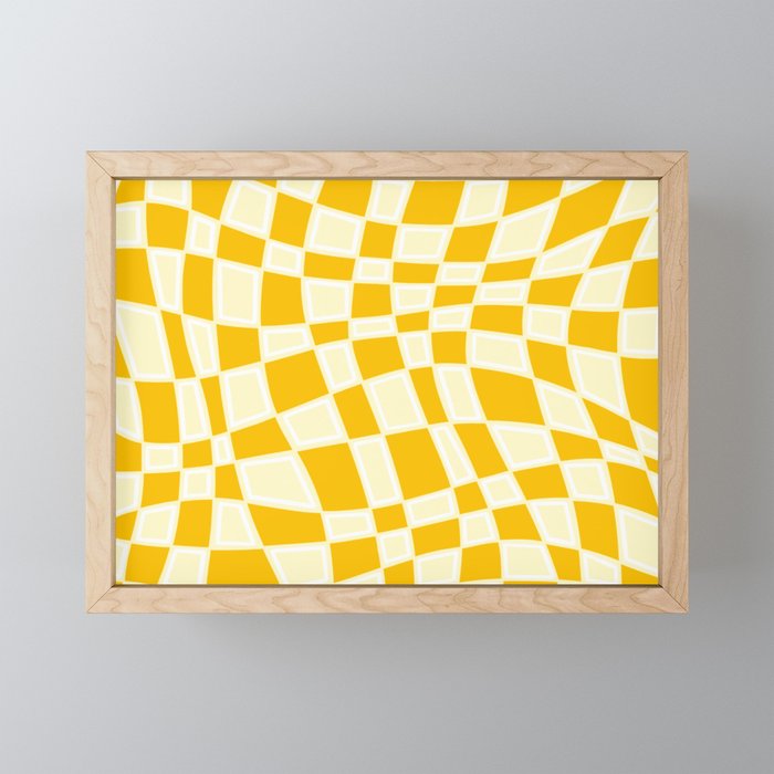 Abstract Retro Swirl Curvy Checkerboard Square Pattern Design // Yellow Mustard Colors Framed Mini Art Print