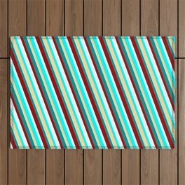 [ Thumbnail: Vibrant Cyan, Pale Goldenrod, Dark Cyan, Dark Red & White Colored Striped Pattern Outdoor Rug ]