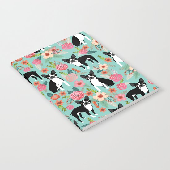 Floral Boston Terrier cute flowers spring bouquet love valentines day black and white mint dogs Notebook