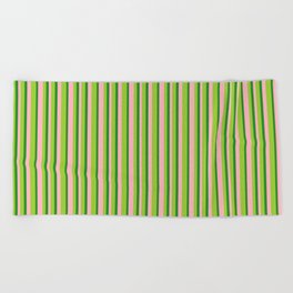 [ Thumbnail: Light Pink, Green & Forest Green Colored Lines Pattern Beach Towel ]