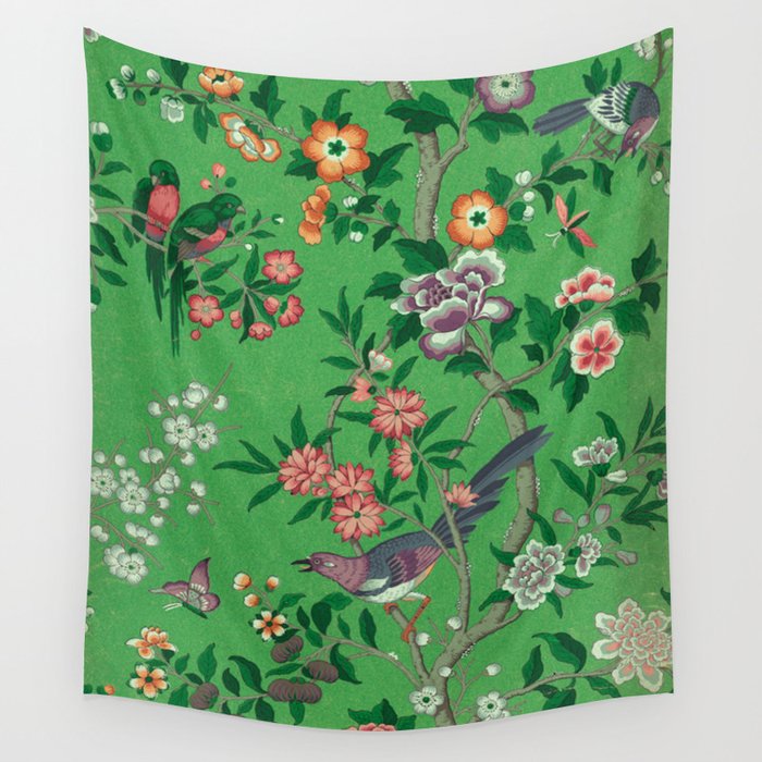 Chinoiserie Magpie Botanical Garden Bright Green Wall Tapestry