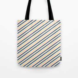 [ Thumbnail: Bisque, Blue, and Aquamarine Colored Lines Pattern Tote Bag ]