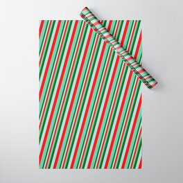 [ Thumbnail: Dark Green, Powder Blue, Red & Aquamarine Colored Pattern of Stripes Wrapping Paper ]