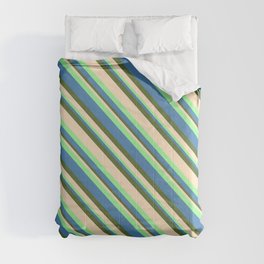 [ Thumbnail: Green, Blue, Dark Olive Green, and Bisque Colored Striped/Lined Pattern Comforter ]