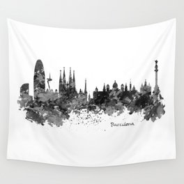 Barcelona Black and White Watercolor Skyline Wall Tapestry