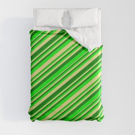 [ Thumbnail: Tan, Green & Lime Colored Stripes/Lines Pattern Duvet Cover ]