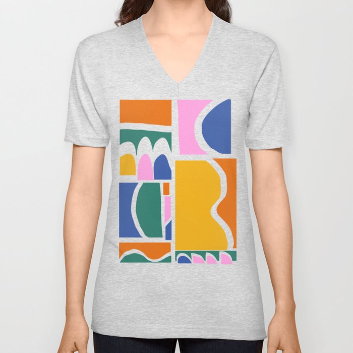 Colorful Abstract Geometric Cut Out Shapes in Yellow Pink and Blue V Neck T Shirt