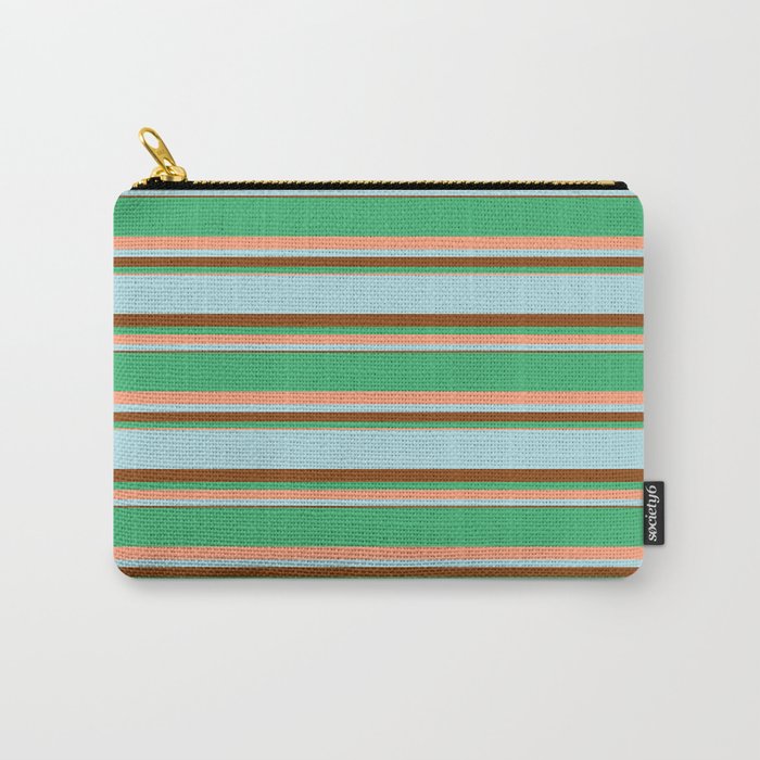 Sea Green, Light Salmon, Powder Blue, and Brown Colored Striped/Lined Pattern Carry-All Pouch
