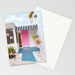 Cute Pink Door with Yard Flamingos in Palm Springs Stationery Card