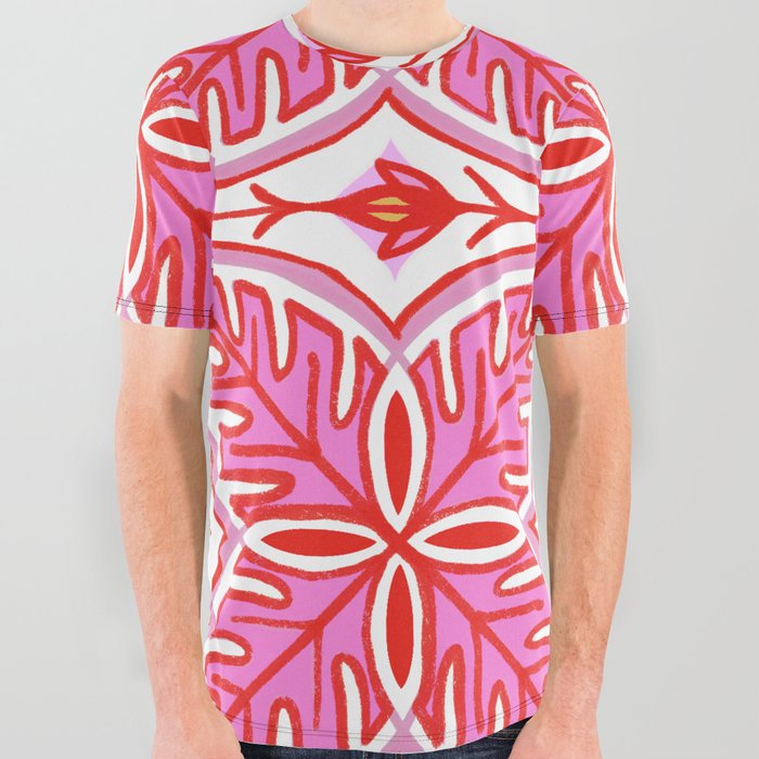 Pink and White Modern Tropical Leaves All Over Graphic Tee