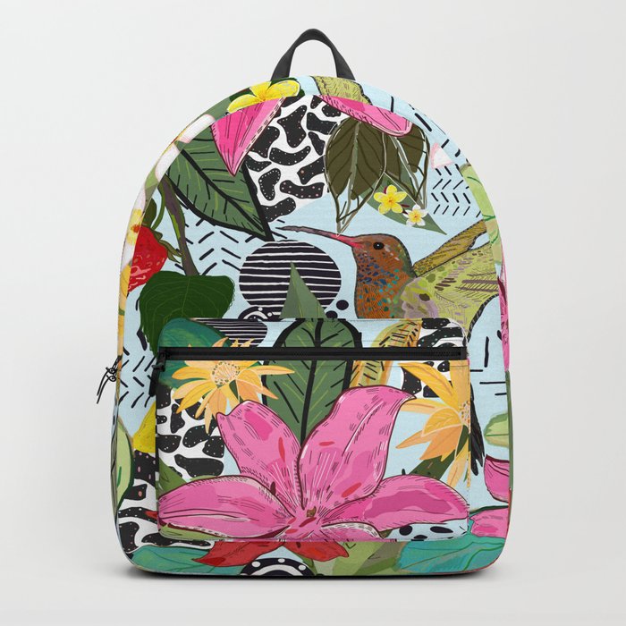 Tropical Pattern With Humming Bird, Strawberry and Colorful Lily Floral Pattern Backpack