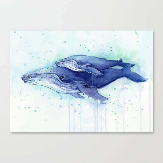 Humpback Whale Watercolor Mom And Baby Painting Whales Sea