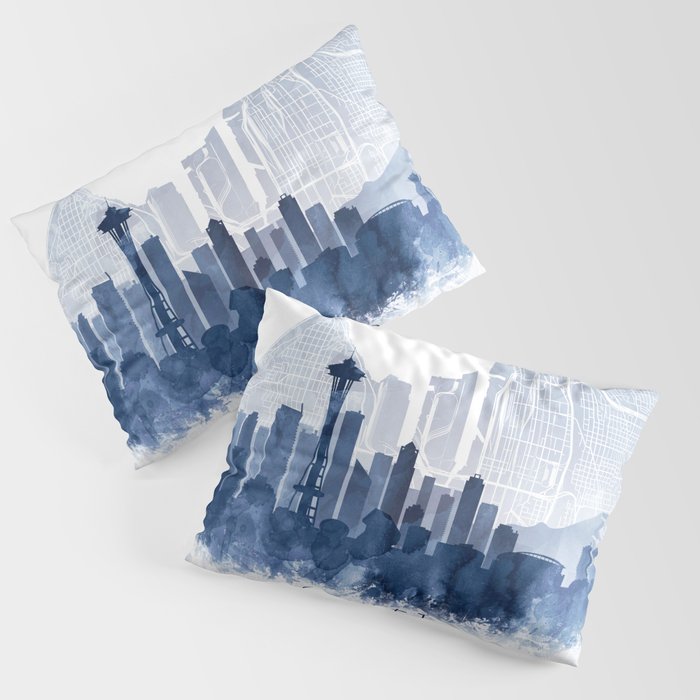 Seattle Skyline & Map Watercolor Navy Blue, Print by Zouzounio Art Pillow Sham
