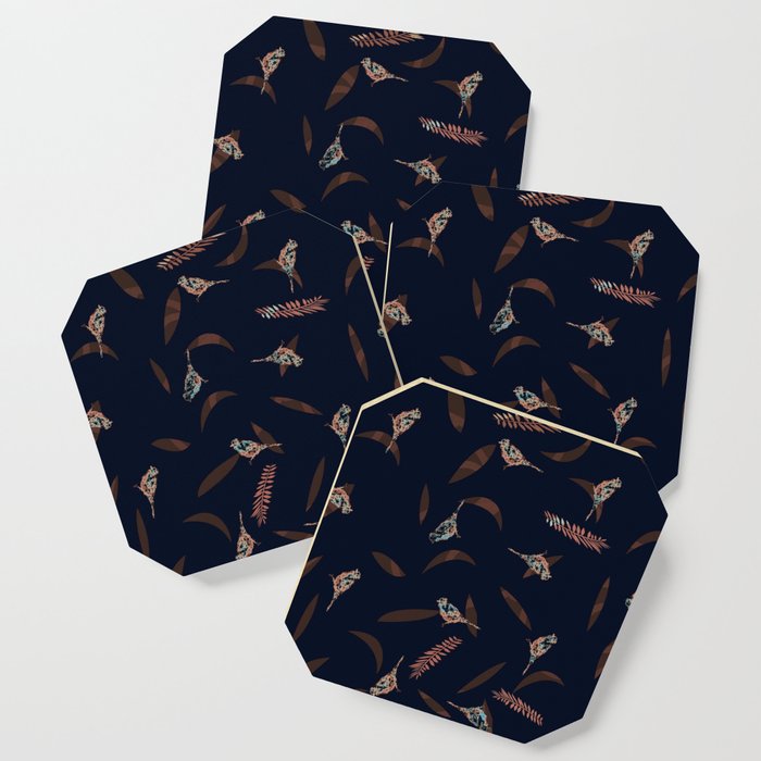 Graphic Birds and Leaves Brown and Navy Blue Coaster