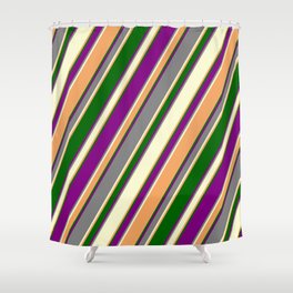 [ Thumbnail: Colorful Purple, Grey, Light Yellow, Brown & Dark Green Colored Pattern of Stripes Shower Curtain ]