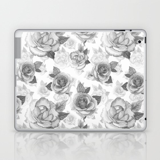 Hand Painted Black White Watercolor Roses Floral Pattern Laptop
