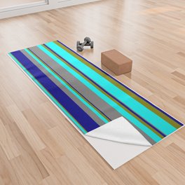 [ Thumbnail: Green, Cyan, Grey, and Dark Blue Colored Striped Pattern Yoga Towel ]