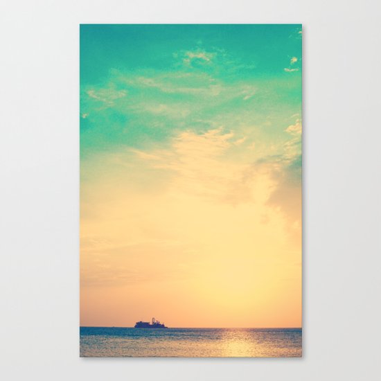 Ship in the beach on the sunset, and vintage turquoise sky Canvas Print