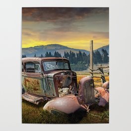Abandoned Auto with Wood Fence in Western Landscape Poster