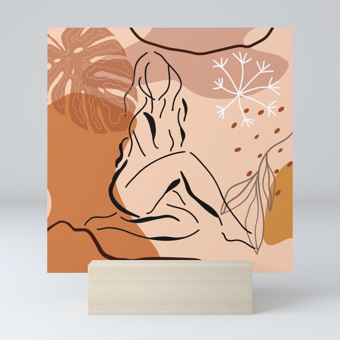 Sensual sitting woman line art, Abstract monstera leaf illustration, Organic floral background Mini Art Print